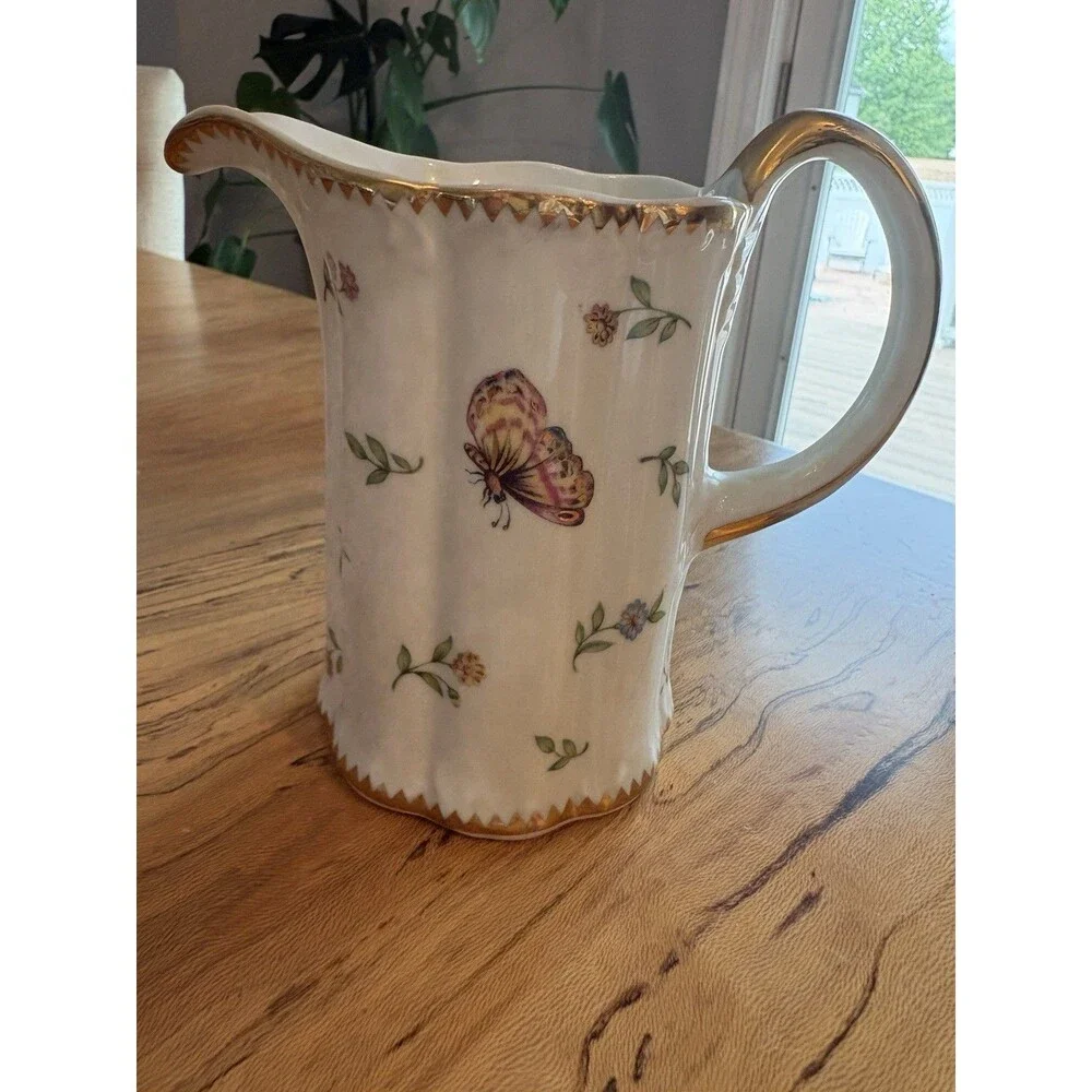 Vintage Godinger & Co. Primavera Porcelain Butterfly White Pitcher Gold Trim 7